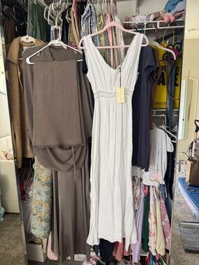 Women’s Cream Maxi Dress with V-Neck and Smocked Waist